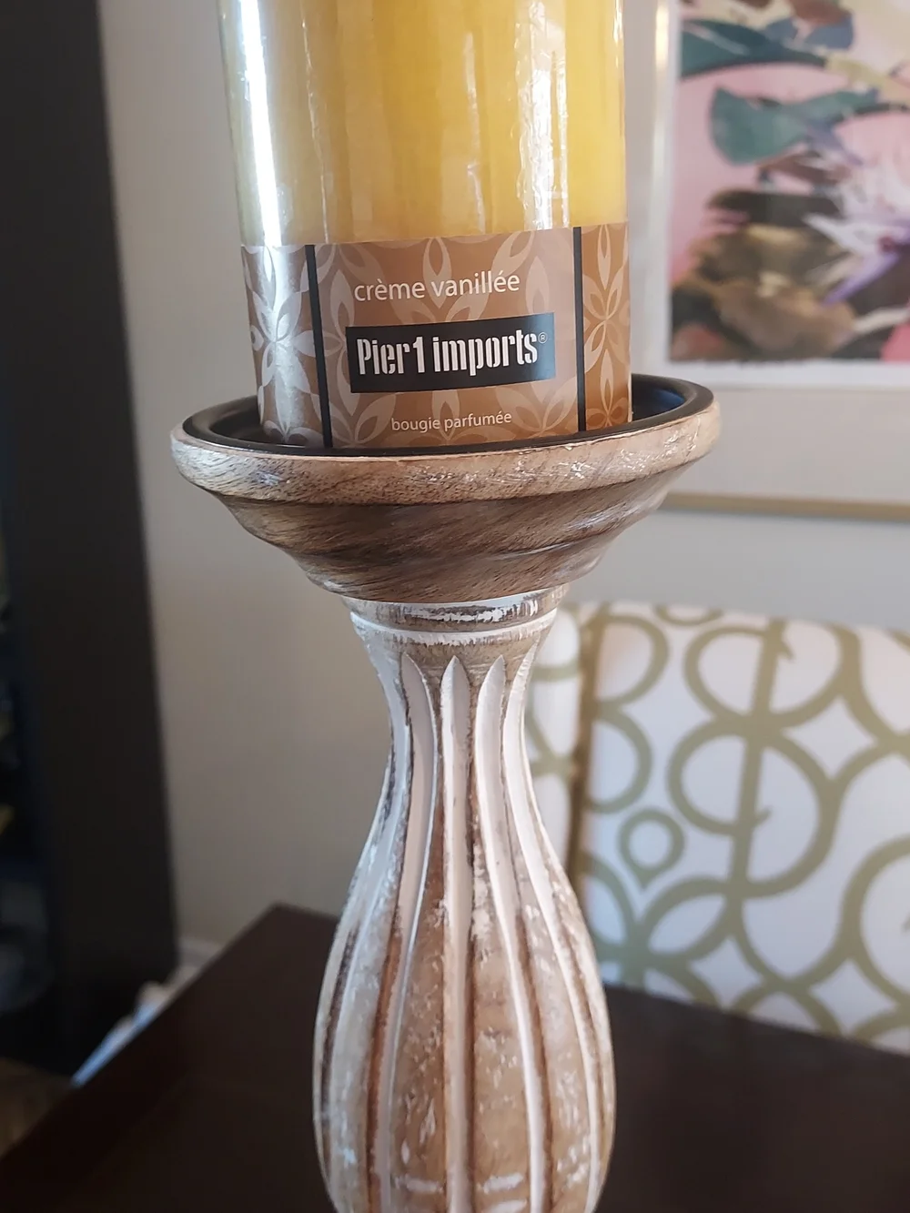 Pier 1 Whitewashed Mango Wood Candlestick: Hand Carved. 21.5